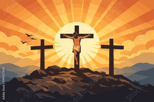 Crucifixion of Jesus Christ on Calvary Hill with Three Crosses and Sun Rays, Christian Easter and Good Friday Illustration Symbolizing Faith, Sacrifice, and Redemption in a Vector Art Style.