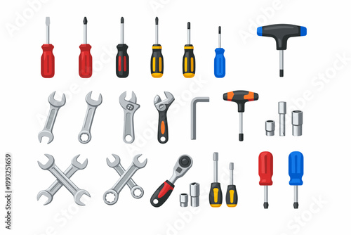 Comprehensive Collection of Hand Tool Icons Featuring Screwdrivers, Wrenches, Adjustable Spanners, Socket Wrenches, T-handle Drivers, and Hex Keys. Flat Vector Illustration for Repair and DIY Work.
