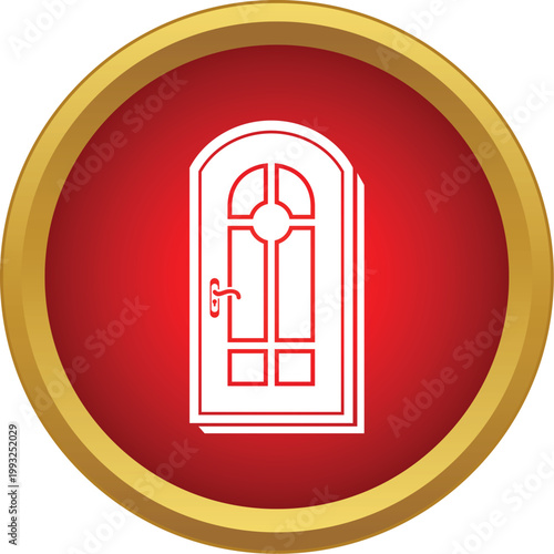 White outline of a closed arched door with handle and window details on a red circle with gold border
