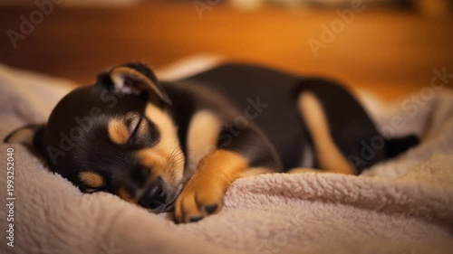 Puppy Sleeping Soundly on a Soft Blanket Provides Peaceful Pet Content