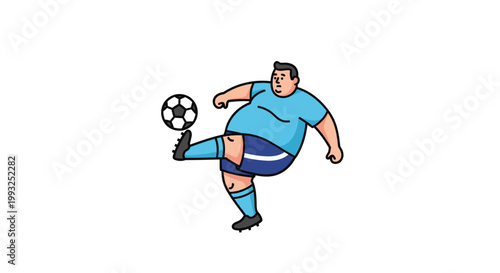 Cartoon depiction of an overweight soccer player kicking the ball with skill.