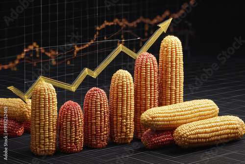 Corn cobs with rising golden graph arrow on dark market background. Corn price increase concept, agricultural commodity growth, maize trading trends and farming economy analysis.
