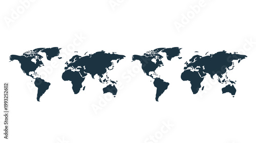 Four dark blue world maps arranged horizontally on a white background. Silhouette of continents