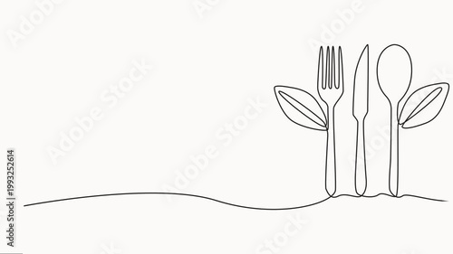 Spoon, fork, knife with leaf continuous one line drawing minimalist style animation video, Continuous single line cutlery pattern for logos, business cards, banners, Full length one line animation.