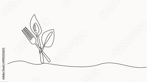 Spoon, fork, knife with leaf continuous one line drawing minimalist style animation video, Continuous single line cutlery pattern for logos, business cards, banners, Full length one line animation.
