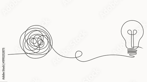 Animated self drawing of unraveling to glowing light bulb animation continuous one line drawing, line drawing of tangled and scribble wires with light bulbs. Concept of complex problem solving process