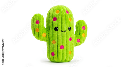 Cute kawaii saguaro cactus plush toy with colorful embroidered dots and a smiley face on a white background.