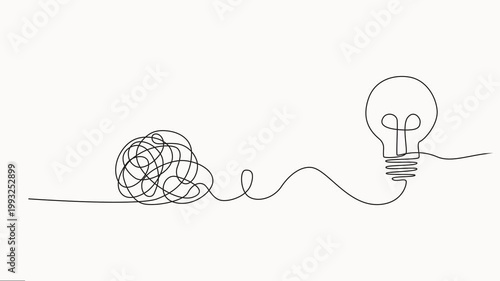 Animated self drawing of unraveling to glowing light bulb animation continuous one line drawing, line drawing of tangled and scribble wires with light bulbs. Concept of complex problem solving process