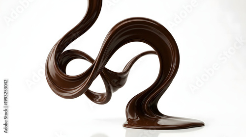 Dynamic swirling sculpture of glossy dark melted chocolate flowing and looping elegantly on a white background.