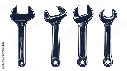 Four dark blue spanner tools on white background, illustrations for mechanics or related projects