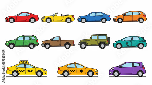 Colorful Side Profile Car Illustration Set Including Sedan SUV Pickup Taxi and Electric Models