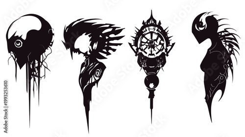 Black graphic series of abstract creatures and shapes against a white backdrop