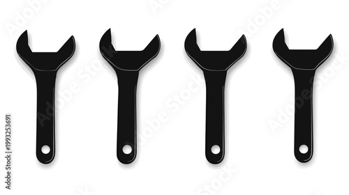 A white backdrop with four, black wrenches. Each tool has a shadow