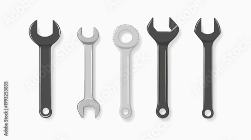 Illustration of several different wrenches on a clean white background, each with its own specific style
