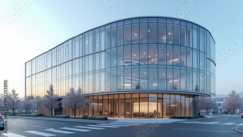 modern corporate office building with curved glass facade and steel frame 3d rendering
