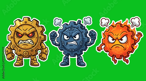 Cartoon Gears with Angry Expressions and Steaming Smoke on Green Background.