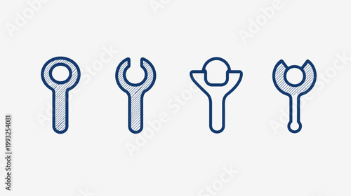 Four stylized wrench icons in a row, each with a different design, set against a white backdrop