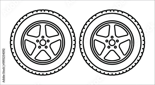 Line art illustration of two car tires with five spoke wheels