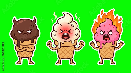 Cartoon Ice Cream Cones with Angry Expressions on Green Background.
