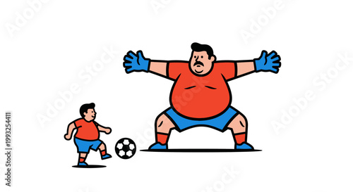 Cartoon Illustration of a Goalkeeper Facing a Soccer Player.
