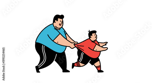 Cartoon illustration of an overweight man chasing another running individual.