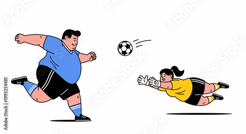 Cartoon Illustration of Soccer Players Kicking and Blocking the Ball.
