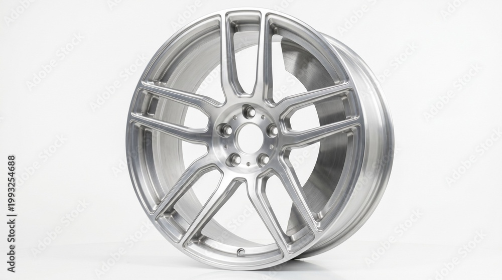 Obraz premium スポーティなメッシュデザインの自動車用シルバーアルミホイール。カスタムやドレスアップパーツのカタログや広告向け白背景商品写真素材
