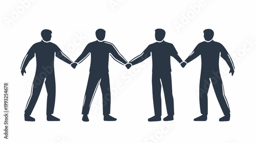 A monochrome illustration depicting four people holding hands, a symbol of unity