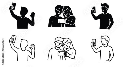 People taking selfies and photos with smartphones in a group setting