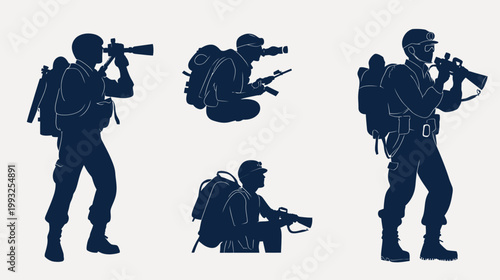 Silhouettes of armed figures in various poses, carrying equipment. Dark blue against light backdrop