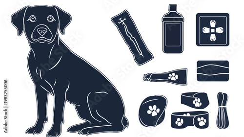 Black and white illustration of a seated dog and various pet supplies. Perfect for pets owners and lovers