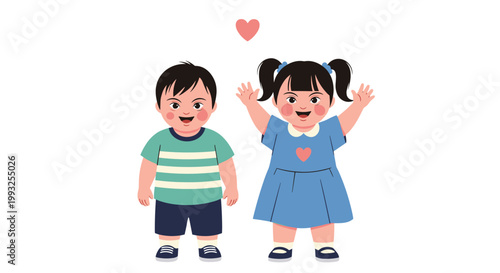 Two happy children with Down syndrome smiling together with a small pink heart above them symbolizing inclusion.