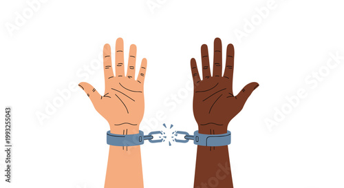 Powerful image of two hands with different skin tones breaking a metal chain between handcuffs symbolizing freedom.