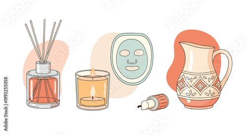 Spa and aromatherapy set featuring a reed diffuser a scented candle a face sheet mask and essential oil products.