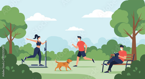 People practicing social distancing and wearing masks while exercising and relaxing in a green public park setting.