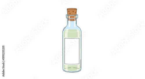 Clear glass bottle with a cork stopper and a blank white label containing a light colored liquid like cooking oil.