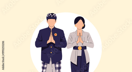 Couple dressed in traditional Indonesian wedding attire performing a respectful greeting gesture on a yellow background.