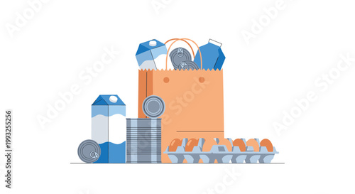 Brown paper bag filled with essential grocery items such as milk cartons canned food and a tray of fresh eggs.