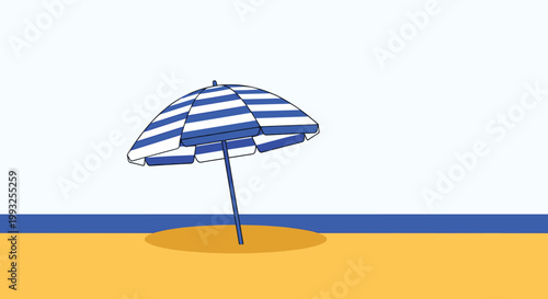 Blue and white striped beach umbrella standing on a sandy shore with the ocean water and a clear sky behind.