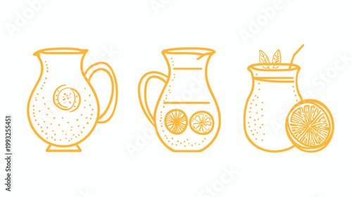 Line art illustration of three pitchers with fruit slices and a drink with mint and a straw