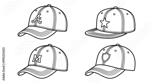 Four baseball caps with distinct logos in a black and white illustration