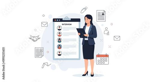 Recruiter reviewing candidate list on clipboard for job interview, hiring process