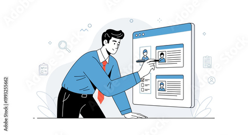 Recruiter reviewing candidate profiles on a digital screen, online recruitment concept