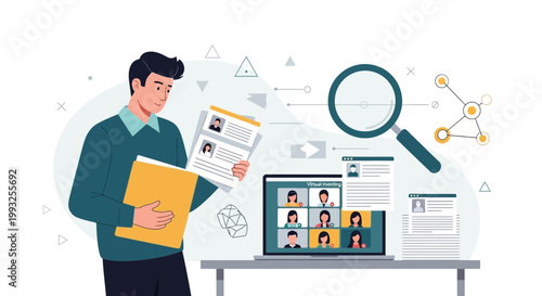 Recruiter reviewing resumes and conducting virtual interviews online