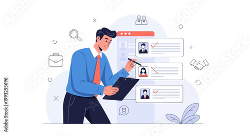 Recruiter reviewing candidate resumes for hiring, job search and recruitment concept