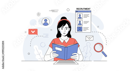 Recruitment process illustration: woman studying candidate profiles for hiring