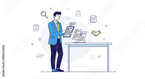 Recruitment concept, man reviewing resumes at desk with hiring icons