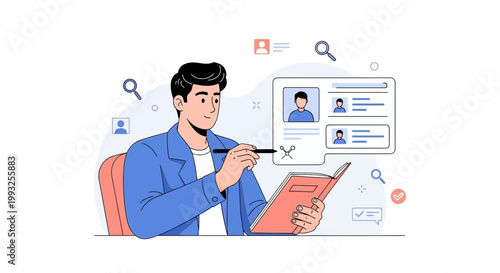 Recruitment Process: Man Reviews Candidate Profiles and Resumes for Job Hiring