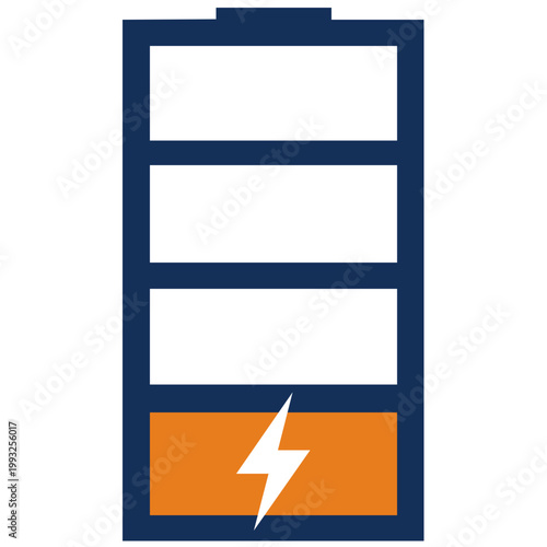 Low battery icon with lightning bolt for energy saving and power shortage concept. A vector battery symbol with one orange segment remaining and a white lightning bolt. Highlighting low energy levels,