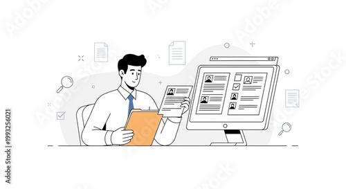 Recruitment specialist reviewing resumes on computer and clipboard, hiring process concept